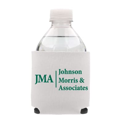 Foam white mini water bottle cooler with custom print.