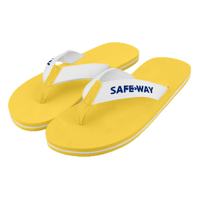 Rubber yellow flip flops with custom logo.