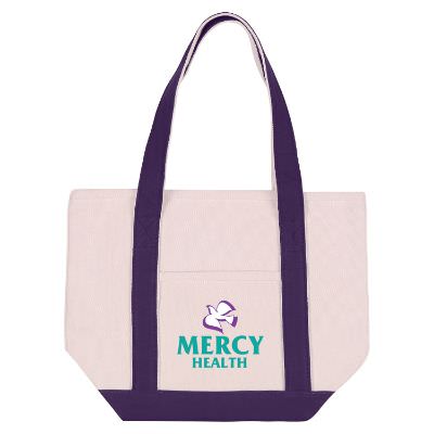 Cotton canvas purple petite boat tote with custom full color logo.