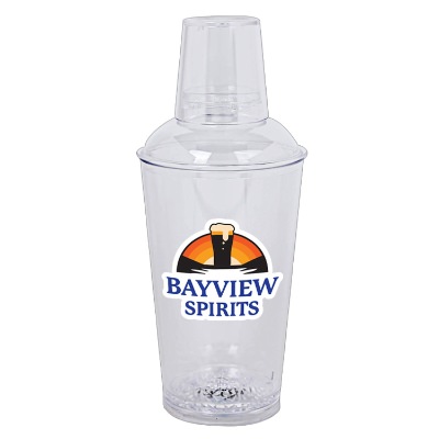 Acrylic clear cocktail shaker with custom full-color logo in 16 ounces.