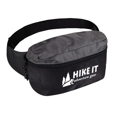 Black with gray fanny pack with customized logo.