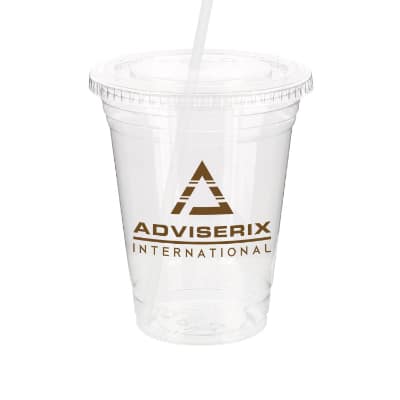 PET plastic clear soft sided cup with lid and straw and custom branding in 16 ounces.