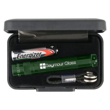 Engraved green aluminum flashlight with a custom imprint.