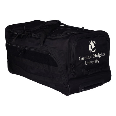 Black rolling duffel bag with custom logo.