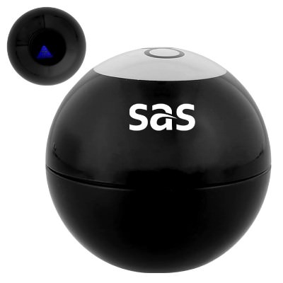 Mini black plastic decision maker ball with custom one color imprint.