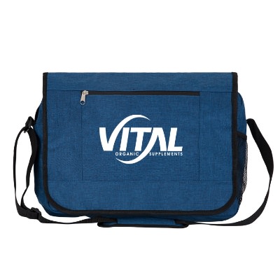 Polycanvas slate blue high travel messenger bag with logoed imprint.