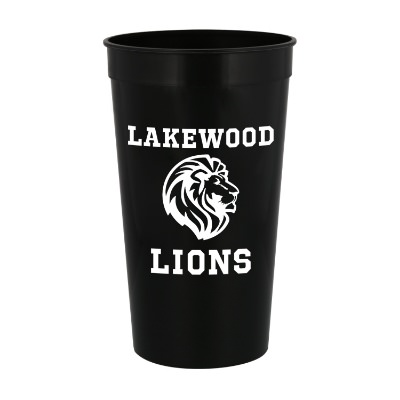 Plastic yellow stadium cup with custom imprint in 32 ounces.