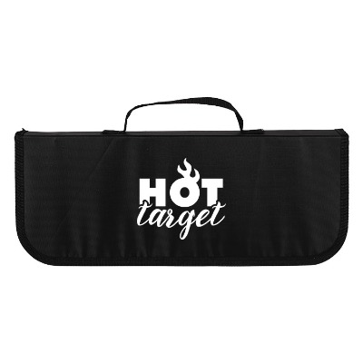 Stainless steel ten piece bbq set with black polyester carrying bag with custom logo.