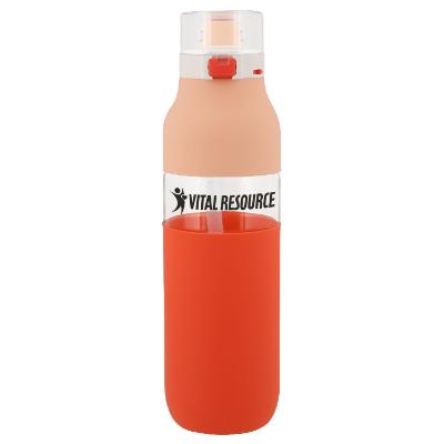Peach plastic bottle with custom imprint.