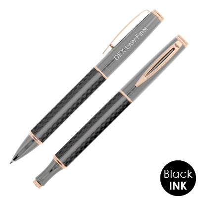 Rose gold pen set with custom engraved logo.