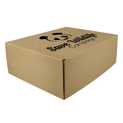 Brown cardboard box with a personalized logo.