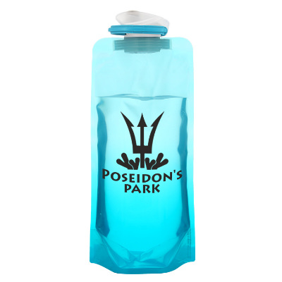 Teal drink pouch with custom logo.