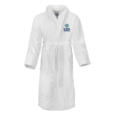 White cotton robe with custom embroidered imprint.
