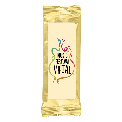 Gold plastic drink mix pack with a custom logo.