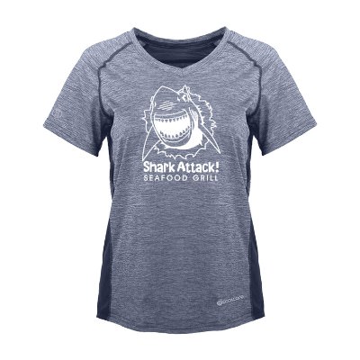 Women's navy heather t-shirt with custom logo.