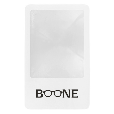 White plastic magnifier with a custom logo.