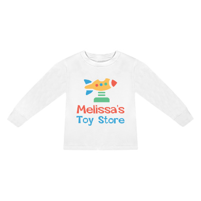 White toddler tee with custom full color logo.