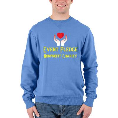 Blue crewneck full color custom sweatshirt.