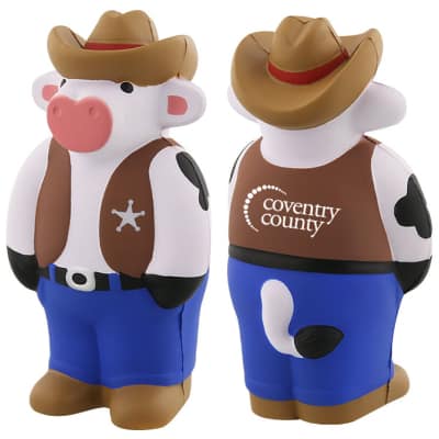 Foam cowboy cow stress reliever with a custom imprinted logo.