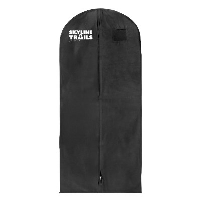 Black polypropylene garment bag with a personalized logo.
