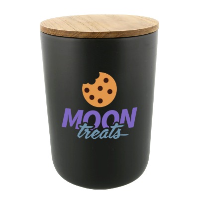 Stoneware ceramic and acacia wood extra large container wth personalized full color imprint.