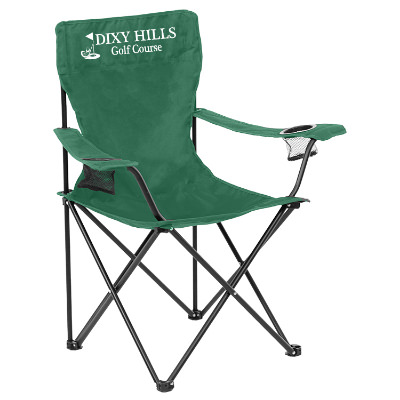 Green polyester chair with a branded logo.