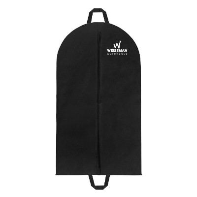 Black polypropylene garment bag with a personalized logo.