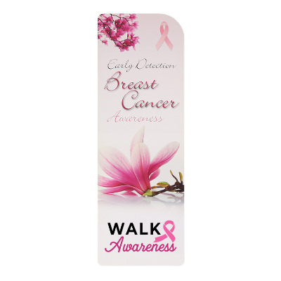 White cardstock bookmark with a custom logo.