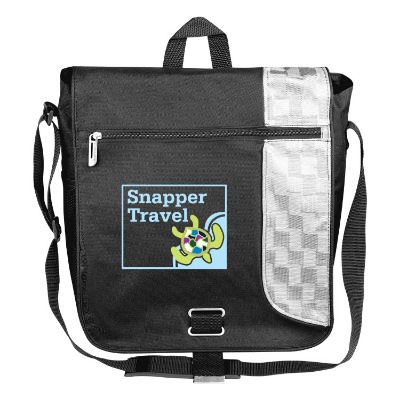 Patterned accents messenger bag with custom full-color imprint.