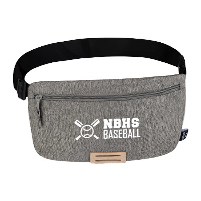 Gray recycled fanny pack with white imprint.