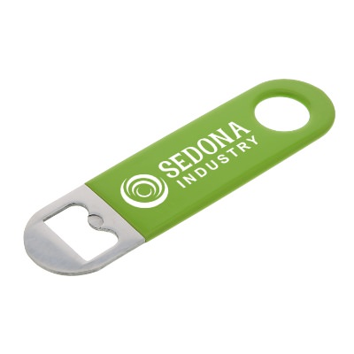 Mini lime green vinyl sleeve over stainless steel bottle opener with promotional imprint.