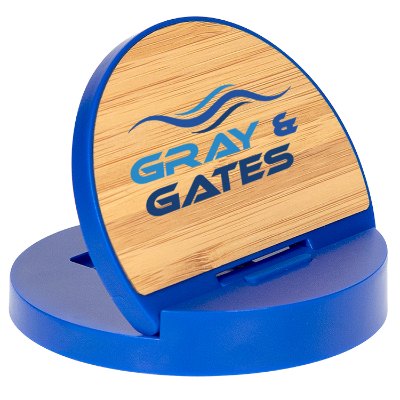 Blue plastic charging phone stand with a custom imprint.