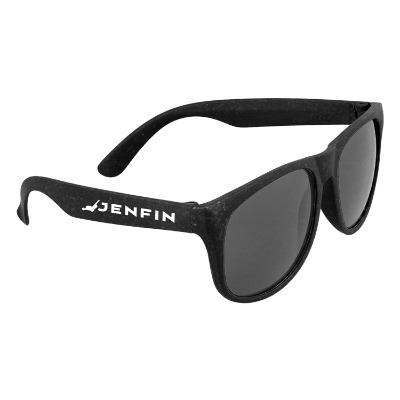 Black plastic sunglasses with a custom logo.