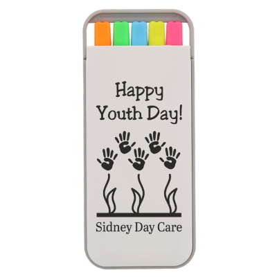 Plastic 5 piece highlighter set with promotional logo.