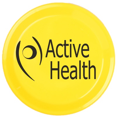 Plastic yellow high-5 inch flying disc with promotional logo.