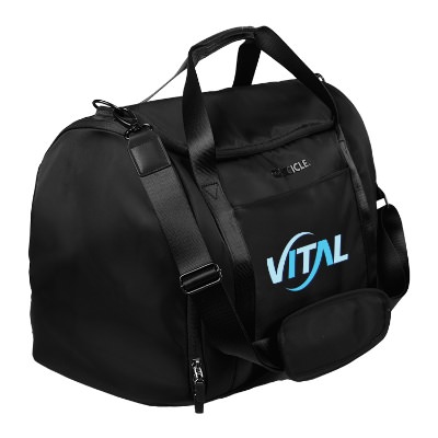 Personalized black duffle bag with a full-color imprint.