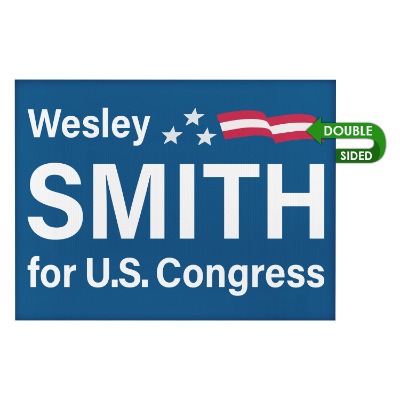 White plastic yard sign with a custom logo.