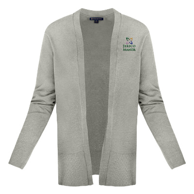 Gray cardigan with custom embroidered logo.
