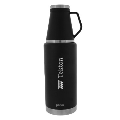 Black stainless growler with custom engraved logo.