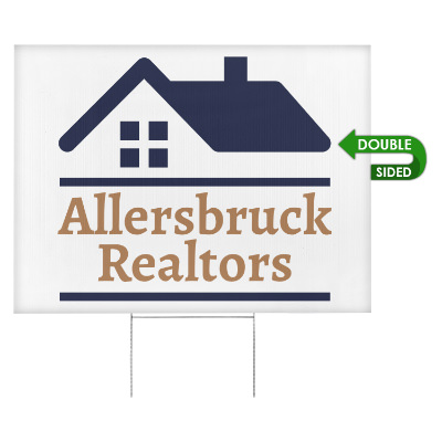 White plastic yard sign with a personalized logo.