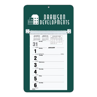 Weekly calendar with foil stamped promotional imprint.