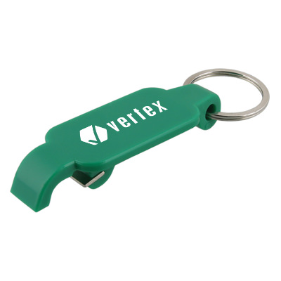 Plastic green slim keychain bottle opener with imprint.