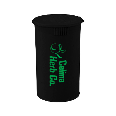 Black vial with custom imprint.