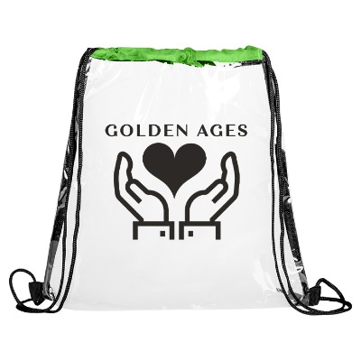 Clear with green accented drawstring bag and custom logo.