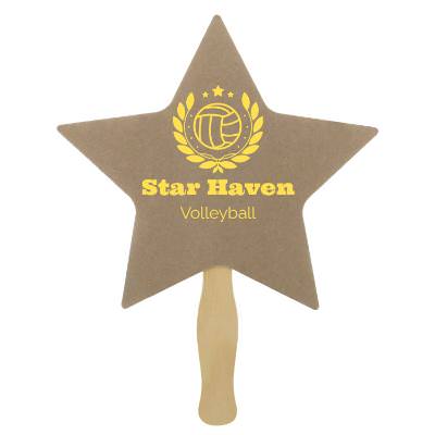 Paper brown hand fan with a personalized logo.