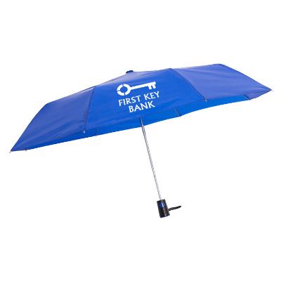 Blue totes 3 section auto open umbrella with custom imprint.