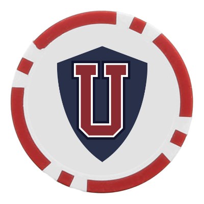 Red plastic poker chip with a personalized logo.