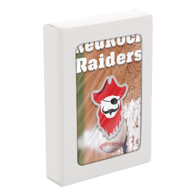 Baseball paper playing cards with a branded logo.