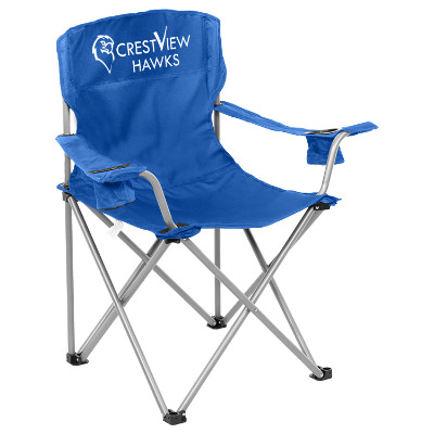 Blue polyester chair with a custom logo.