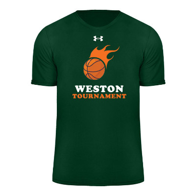 Custom full color logo on forest green with white t-shirt.